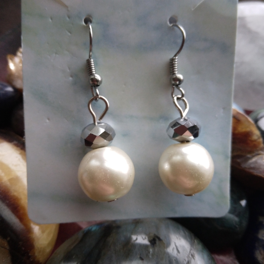 Faux Pearl and Metallic Silver Beaded Dangle Earrings